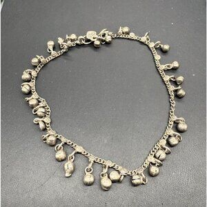 Vintage India Anklet Floral Bell Silver-Toned Charm 11 Inches Long Handmade Look